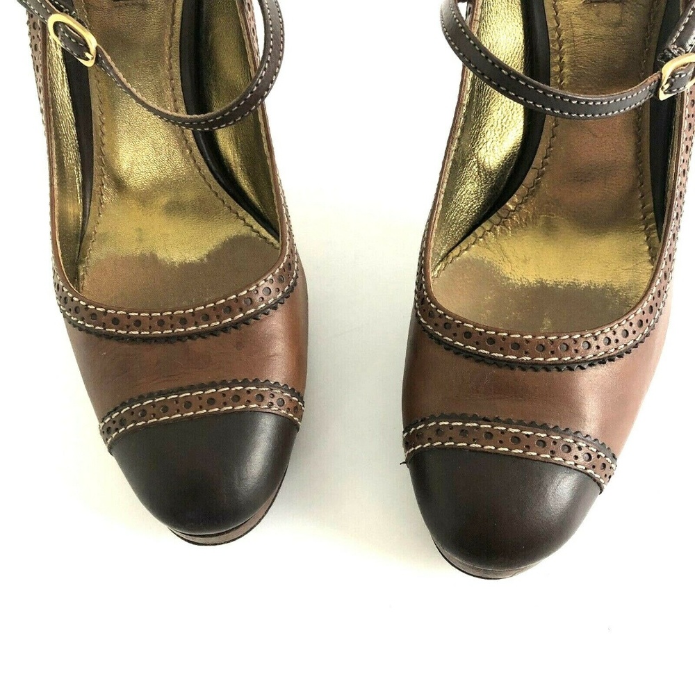 Dolce Gabbana 38 Two Tone Brown Leather Heels Wood - Picture 2 of 8
